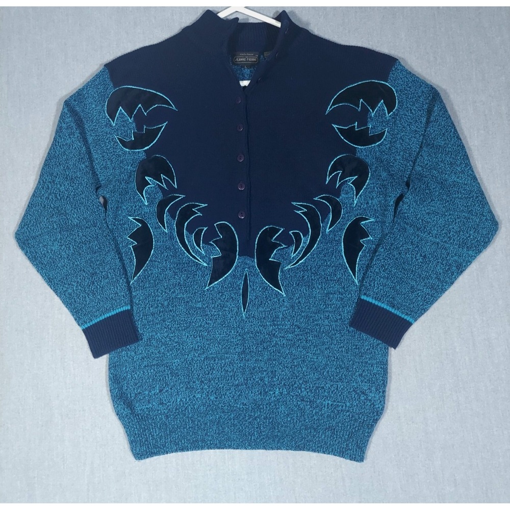 Vtg 90s Jeanne Pierre Renée Tener Lambswool Sweater L Teal Navy Velvet Grandma
